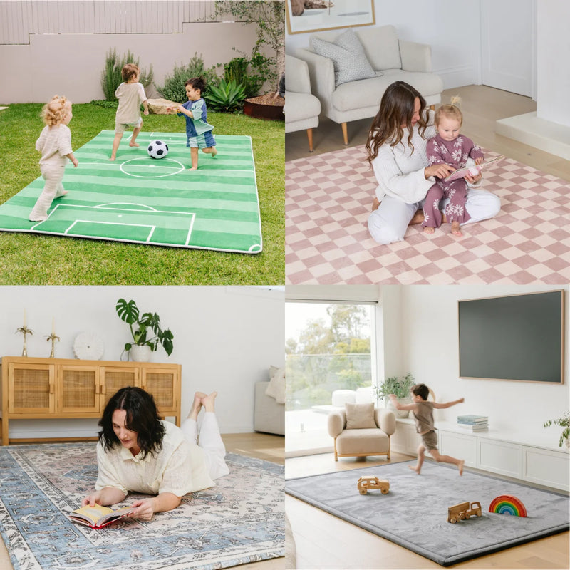 four way split image. children playing soccer on a mat that is designed like a field. Woman holding child, reading a book on a checkered mat. woman reading a book, laying on a designer mat. Child running on a mat in a living room. 